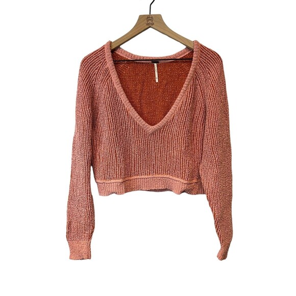 Free People Orange Pink Long Sleeve Deep V Neck Knit Cropped Sweater Size XS - Picture 3 of 11